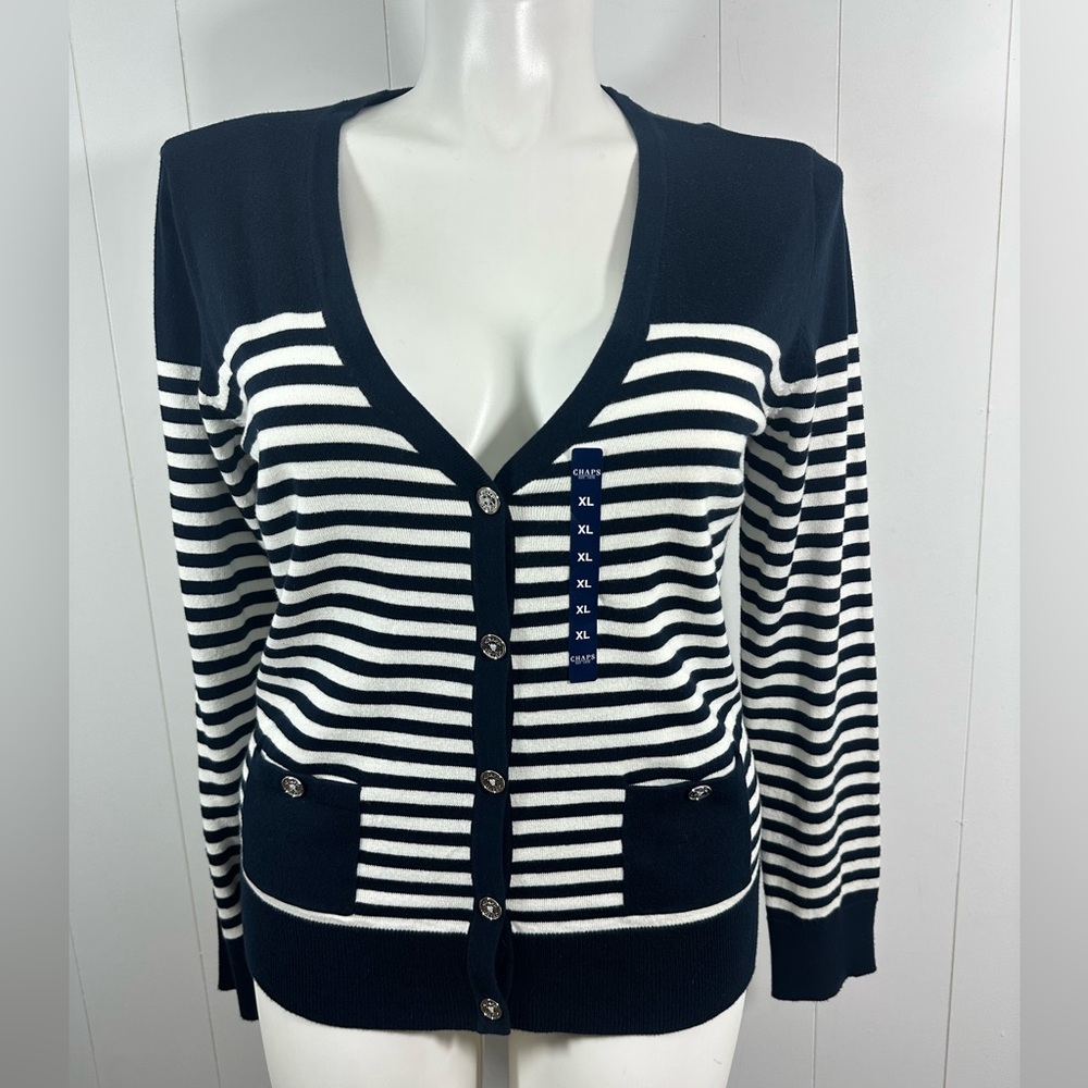 NWT Chaps Women’s Striped Navy Cardigan Womens Sz XL Long Sleeves V Neck Sweater